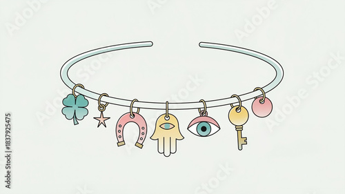 Colorful charm bracelet with various symbols on white background  