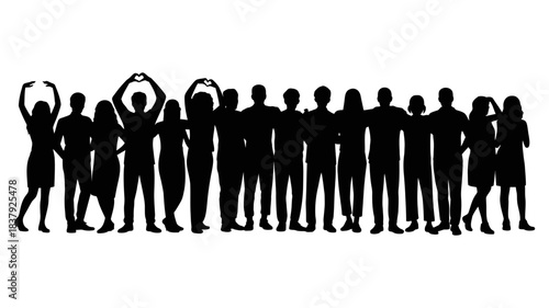 Silhouette of a large group of diverse people standing together, arms raised in celebration or unity