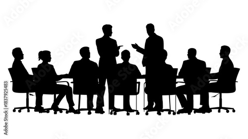 Silhouette of a business meeting with several people sitting around a table and two standing figures presenting or discussing