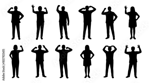 Set of Men and Women Silhouettes: Waving, Flexing, and Standing Poses