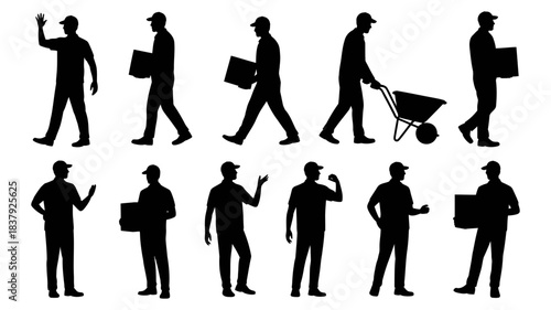 Set of Vector Silhouettes of Delivery Men and Workers: Carrying Boxes, Pushing Wheelbarrow, and Gesturing
