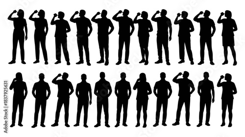 Set of Vector Silhouettes of Men Standing and Posing: Drinking, Talking on Phone, and Saluting