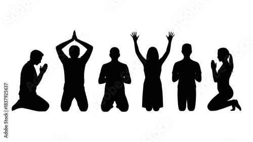 Prayer and worship silhouette set. Vector icons of people praying. Collection of men and women kneeling in religious poses for faith and spirituality concepts.