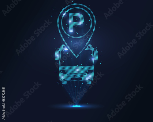Holographic bus parking icon: blue wireframe bus under P location pin, projected via laser. Particles enhance 3D effect. Ideal for public transport apps, smart city solutions and mobility branding.
