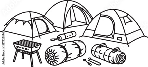 Black and white line art illustration of camping gear and barbecue grill tent sleeping bag