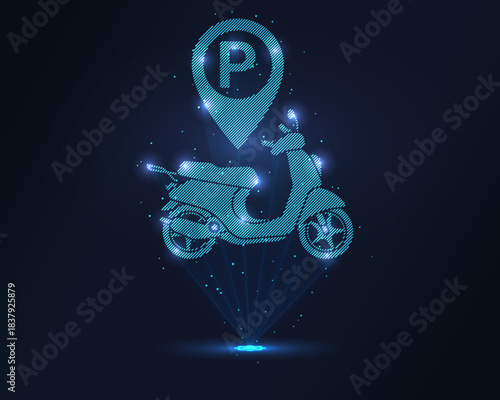 Holographic scooter parking icon: blue wireframe scooter under P location pin, projected via laser. Particles enhance 3D effect. Ideal for urban mobility apps, e scooter services and tech branding.