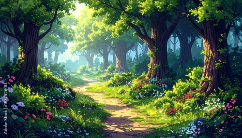 Sunny path winds through an enchanted forest with thick trees and colorful wildflowers in bloom