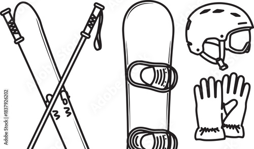 Black and white line art illustration of winter sports equipment snowboard helmet