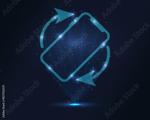 Holographic data sync icon: blue wireframe smartphone with circular arrows, projected via laser. Particles enhance 3D effect. Ideal for cloud apps, device sync, tech branding and digital connectivity