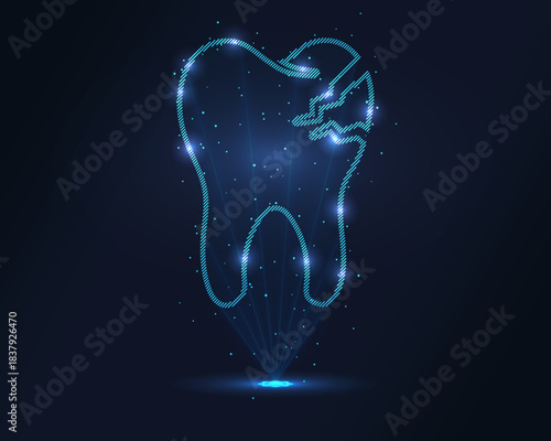 Holographic broken tooth icon in glowing blue wireframe, projected via laser with floating particles. 3D effect for dental clinics, oral health campaigns and tech branding. Ideal for medical visuals