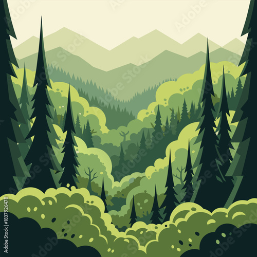 Lush Green Forest Valley Landscape with Majestic Pine Trees and Rolling Mountains - Serene Nature Illustration