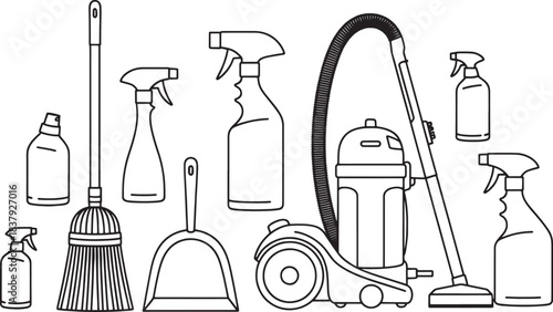 Collection of cleaning supplies including spray bottles broom dustpan and vacuum cleaner household cleaning