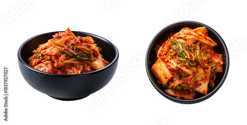 Top View and Side View Korean Kimchi in a Black Bowl isolated on a transparent background
