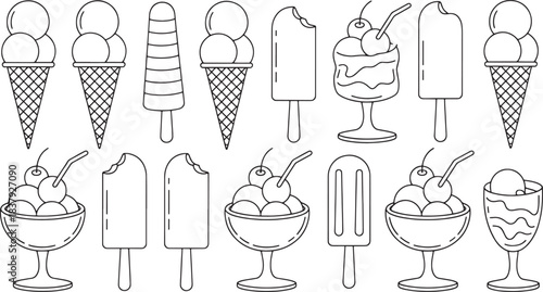 Collection of line art ice cream cones popsicles and sundaes dessert