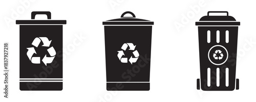 Set of three black and white vector icons illustrating different types of garbage and trash bins, including organic, mixed recycling, and a classic wire mesh wastebasket.