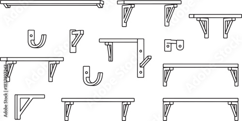 Collection of minimalist line art illustrations of shelves and brackets shelf wall mount