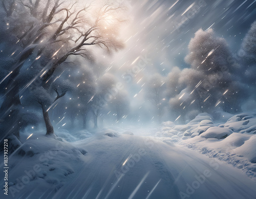 A mystical winter storm sweeps through a silent snowy forest, glowing with streaks of light that turn the blizzard into a magical scene. Amazing digital illustration. CG Artwork Background