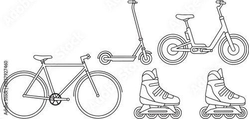 Line art illustration of bicycle electric scooter and roller skates bike 1