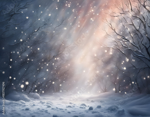 A mystical winter storm sweeps through a silent snowy forest, glowing with streaks of light that turn the blizzard into a magical scene. Amazing digital illustration. CG Artwork Background