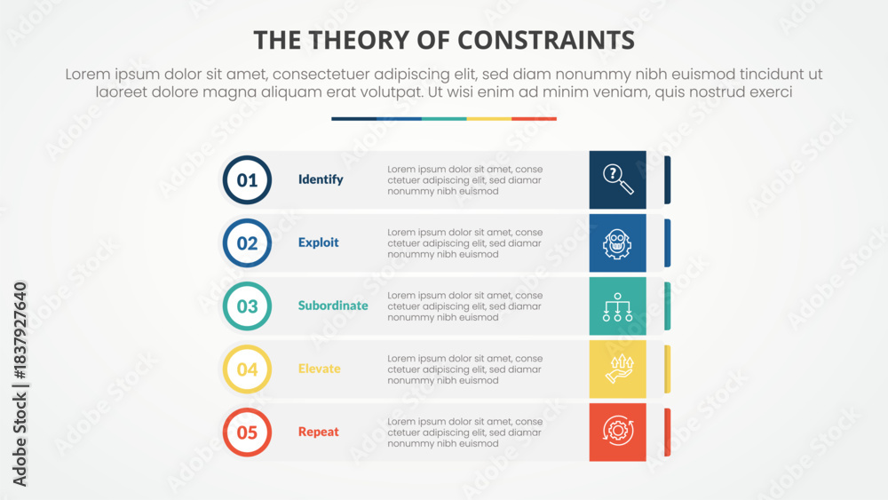 Fototapeta premium TOC theory of constraints infographic concept for slide presentation with rectangle box stack with outline circle badge with 4 point list with flat style