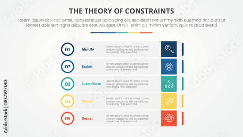 TOC theory of constraints infographic concept for slide presentation with rectangle box stack with outline circle badge with 4 point list with flat style