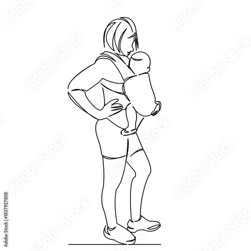 One continuous single drawing line art flat doodle mother, fitness, child, lifestyle, exercise, training, yoga, workout. Isolated image hand draw contour on a white background
