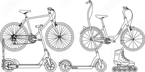 Line art illustration of bicycle electric scooter and roller skates bike