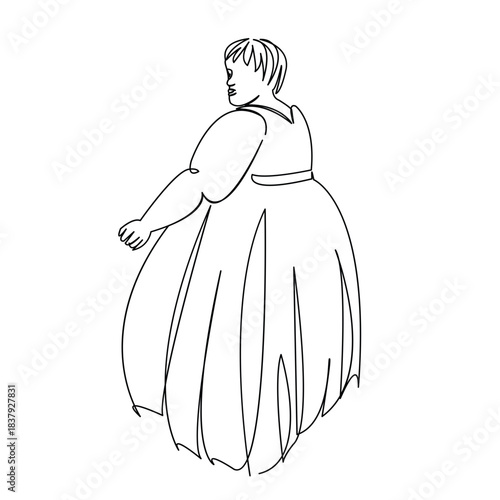 One continuous single drawing line art doodle fat, woman, wedding, beautiful, dress, white. Isolated flat illustration hand draw contour on a white background
