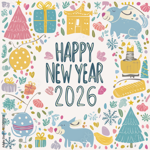 Whimsical Happy New Year 2026 illustration with festive elements, including stylized animals, Christmas trees, gifts, and decorative foliage.