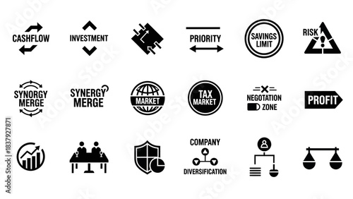 A collection of black and white business and finance icons representing concepts like cashflow, investment, risk, profit, and company structure.