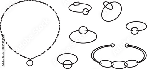 Minimalist black line art jewelry collection necklace bracelets and rings vector
