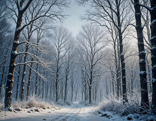 A quiet snow-covered forest path glows softly at dawn, trees arching overhead as fresh tracks lead toward a serene, misty winter horizon. Amazing digital illustration. CG Artwork Background