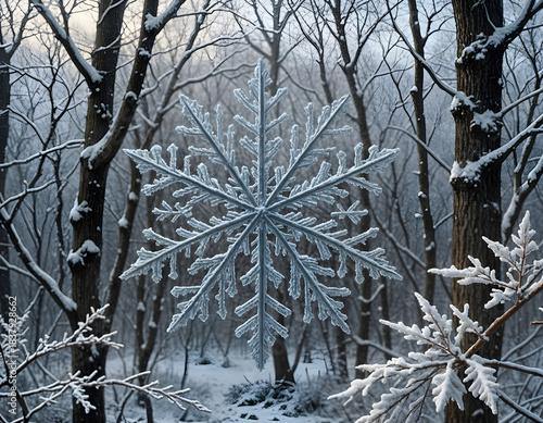A delicate snowflake floats in a quiet winter forest, its icy symmetry glowing softly against bare trees dusted with fresh, untouched snow. Dramatic AI generated landscape. Digital illustration