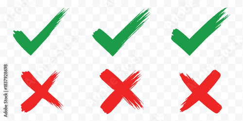 Brush, marker drawn check mark and cross icon set Collection of hand drawn drawn tick symbol, chalk checkmark illustration. Check mark grunge icon set. Hand drawn check tick mark icon set. x marks set