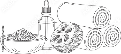 Minimalist line art illustration of spa items including a dropper bottle lotus and rolled towels wellness