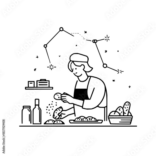 Woman baking bread and pastries with constellation art, bakery chef at work, food preparation, line art, vector