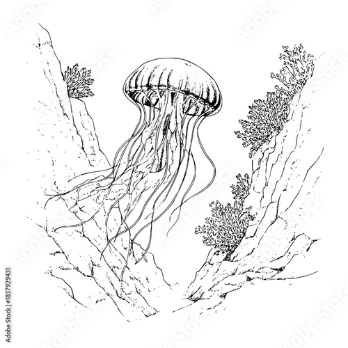 Jellyfish drawing black and white ocean life marine biology illustration underwater sea animal aquatic tentacle art 100
