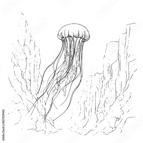 Explore the deep sea with this jellyfish illustration in black and white line art drawing style artwork