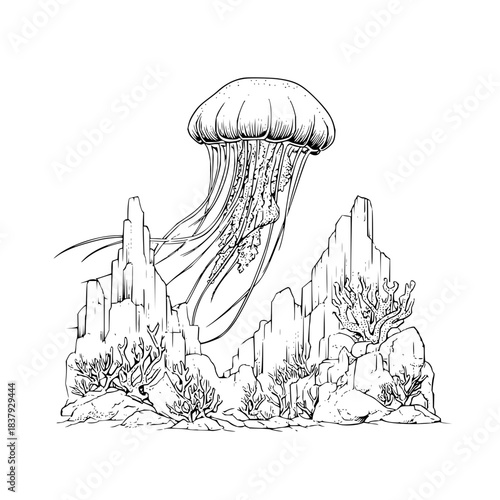 Detailed line art of jellyfish in ocean scene with coral reefs and underwater rocks perfect for coloring 100