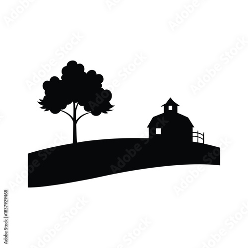Farm field silhouette showing barn and lone tree on rolling countryside hill Vector illustration