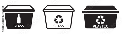 Set of three black and white vector icons showing square recycling bins for glass and plastic materials with a bottle and recycling symbol.