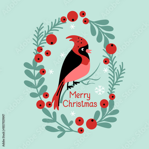 Christmas postcard with cardinal bird