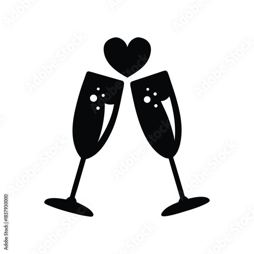 Two clinking champagne flutes silhouette forming a celebratory heart moment Vector illustration
