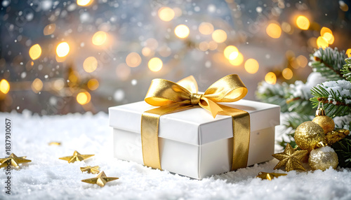 Elegant white gift box with golden ribbon and bow nestled in winter snow with festive bokeh lights