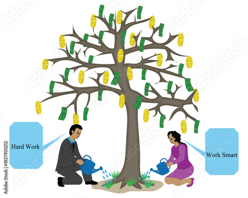 Vector illustration design of a man and a woman watering a tree that bears gold coins and paper money as a symbol of hard work and smart work, then the results can be enjoyed according to what we plan