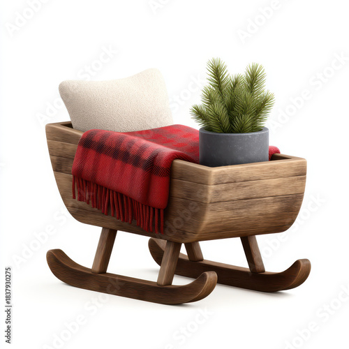 Fototapeta Naklejka Na Ścianę i Meble -  Wooden rocking cradle with cozy pillow and red plaid blanket next to potted pine branch for farmhouse Christmas decor in 3d illustrator style