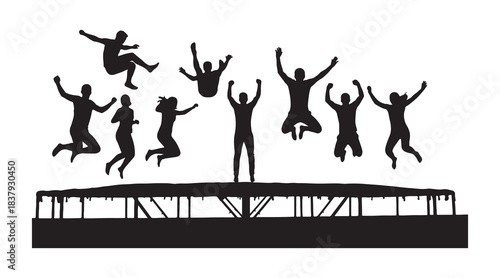 Silhouette of people bouncing on a trampoline

