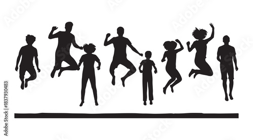 People's silhouettes leaping on a trampoline

