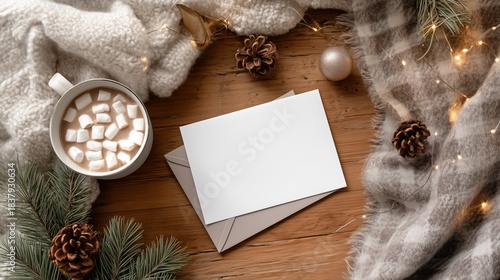 Cozy Christmas flat lay with blank card and hot cocoa