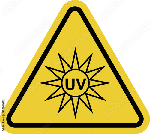 Ultraviolet radiation. Yellow warning triangle sign. Wear protective glasses. Avoid direct exposure. Limit time spent in UV light areas. UV lamps. Germicidal lamps.